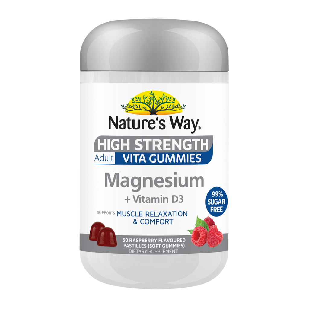 Nature's Way High Strength Adult Vita Gummies Magnesium + Vitamin D3 container on a white background